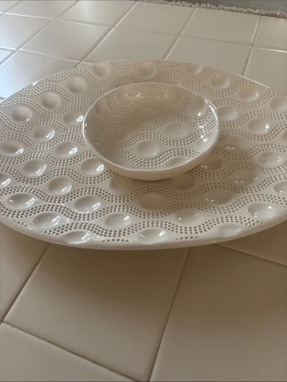 Cream Textured Serving Platter with Dipping Bowl - Home Dining